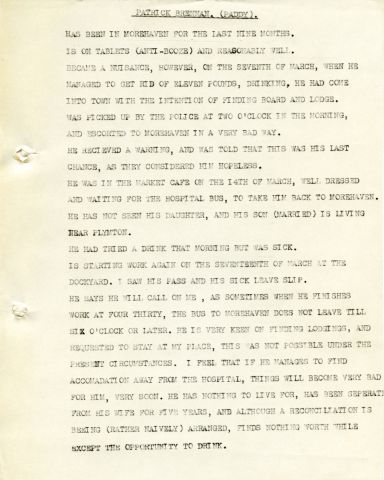 PATRICK BRENNAN. (PADDY). 257 x 205 mm typed sheet